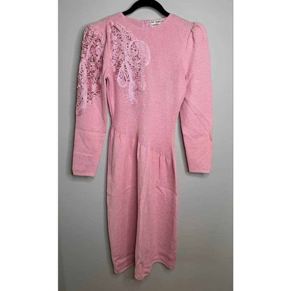 Pat Sandler For Wellmore Vintage Pink Knit Lace Shoulder Midi Dress - Size 8